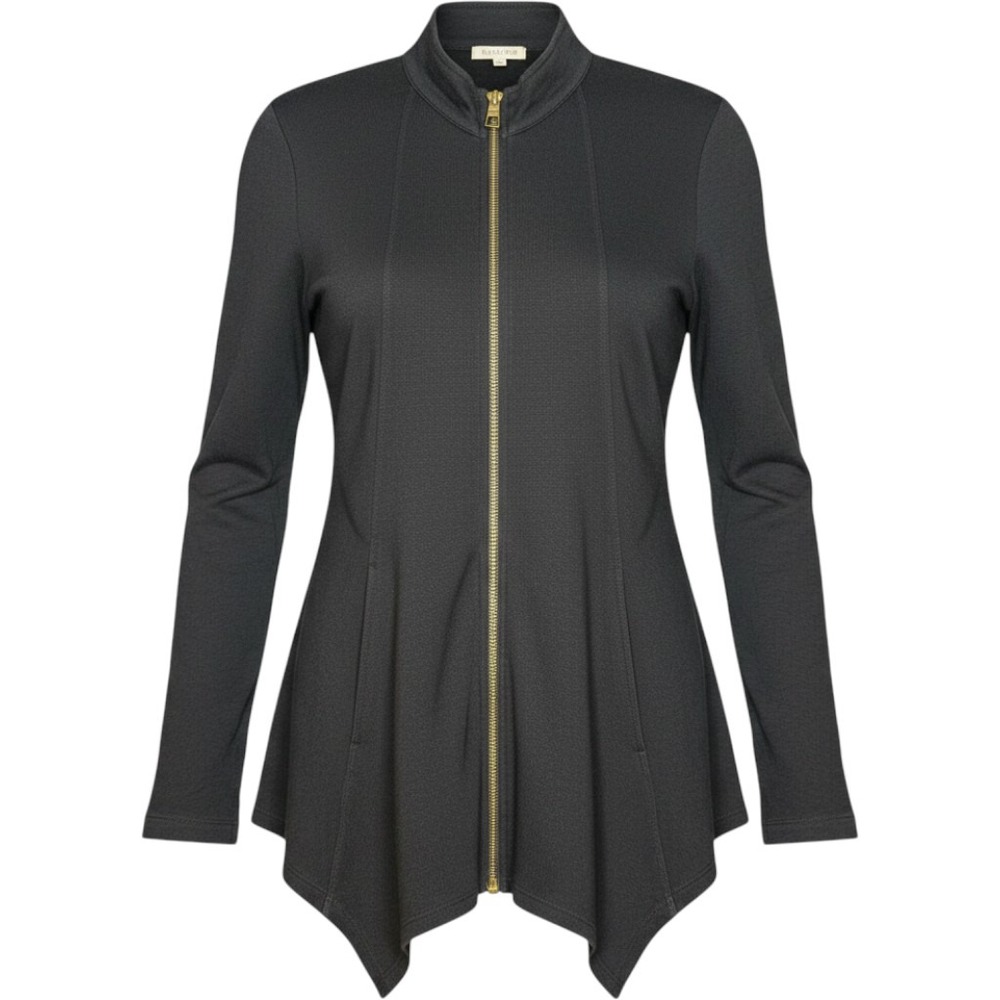 XCVI Full Zip Jacket M Black Mixed Media Handkerchief Hem Mock Neck
